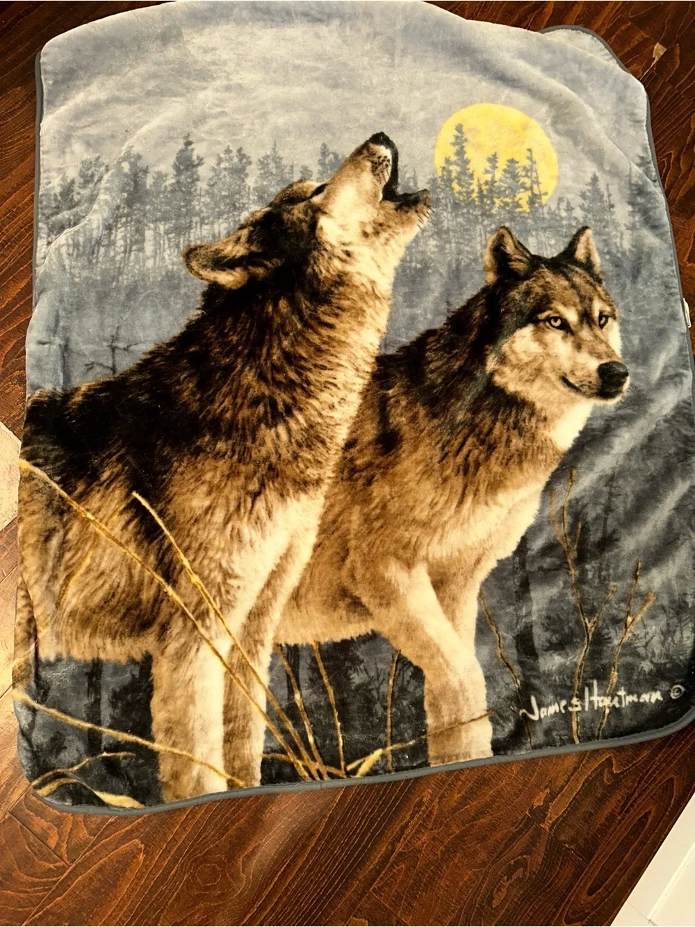 James Hautman 50x60 Howl At The Moon Fleece Wolf Throw Blanket Cabin Nature